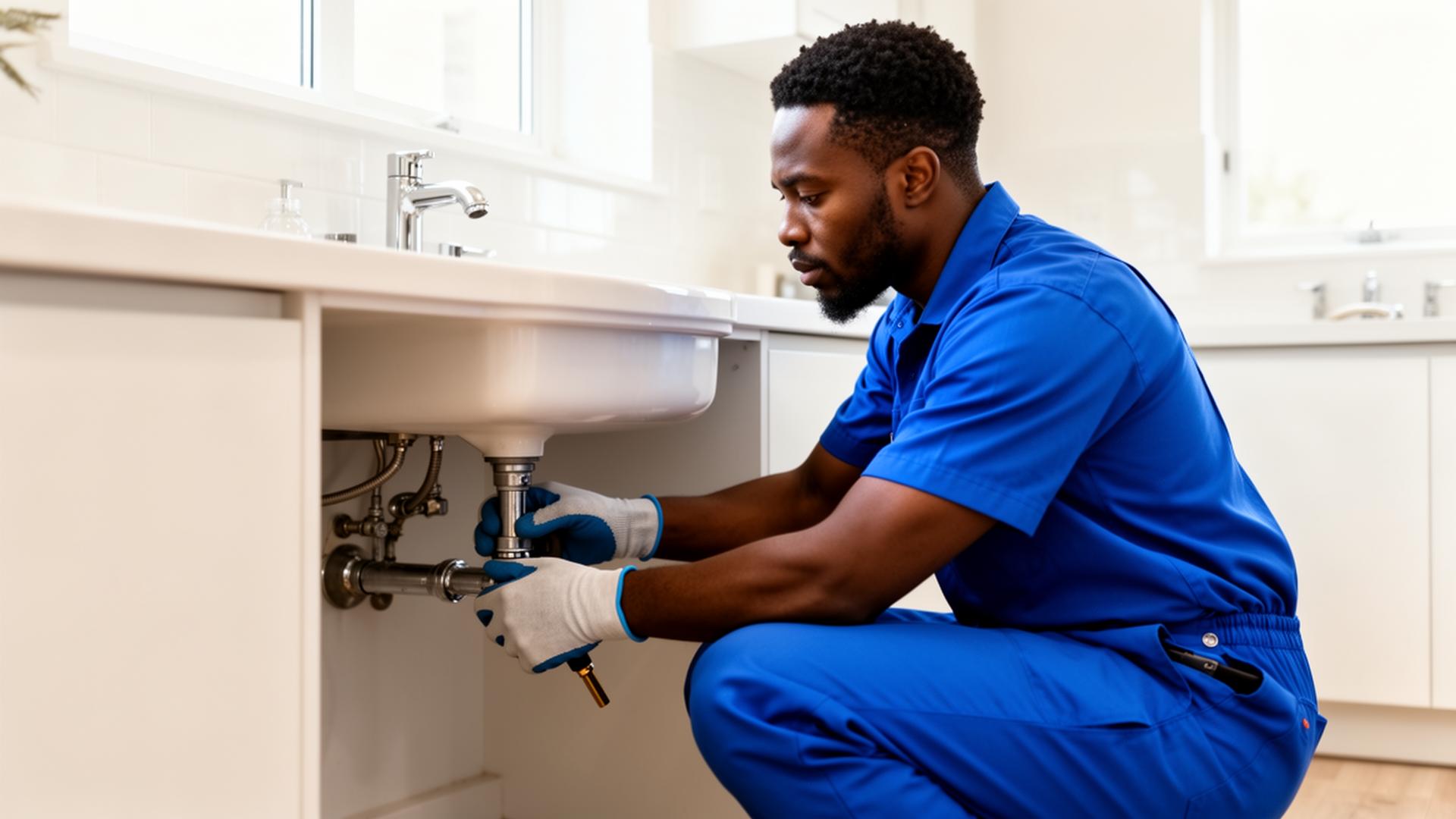 Professional Nigerian plumber fixing a sink